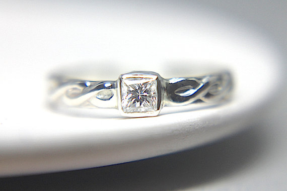 زفاف - Sparkling Cushion Forever Brilliant Moissanite Engagement Ring - Recycled Sterling Silver Braided Band - Alternative Diamond Ring