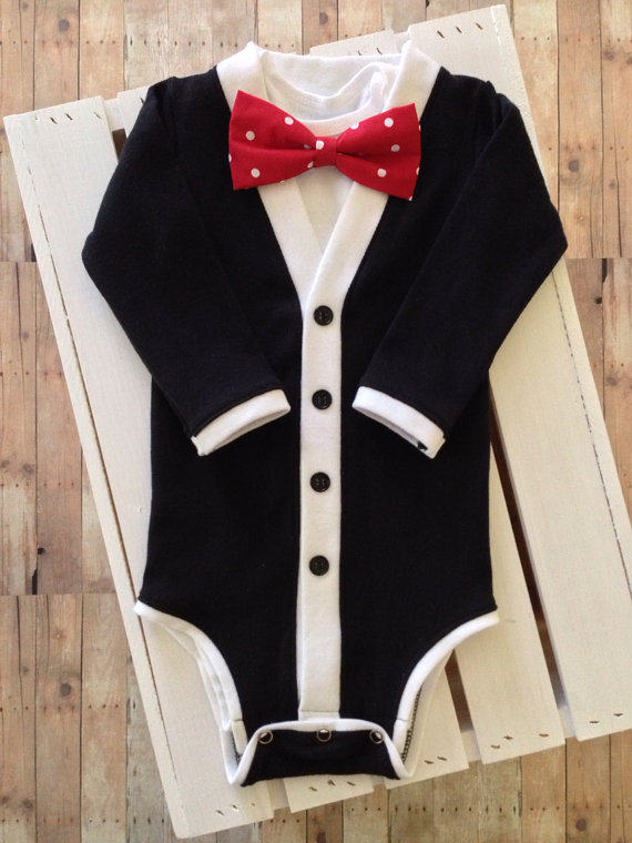 Hochzeit - Baby Tuxedo Cardigan One Piece: Black and White with Interchangeable Tie Shirt and Bow Tie