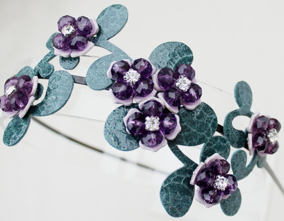 زفاف - Purple headband leather flowers crystal beads teal leaves on black metal headband woodland wedding garden wedding bridal tiara prom