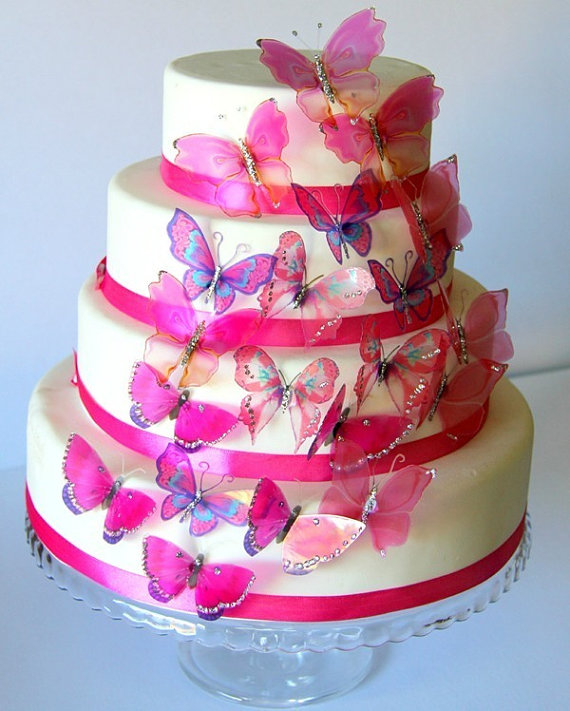 زفاف - 20 x Mixed Pink Stick on Butterflies, Wedding Cake Toppers, Butterfly Cake Decorations UNGLITTERED