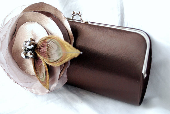 Wedding - Bridesmaid Clutch - Bridal Party Clutch - Bridesmaid Bouquet Clutch - Chocolate Brown Satin Clutch with Taupe Fabric Flower