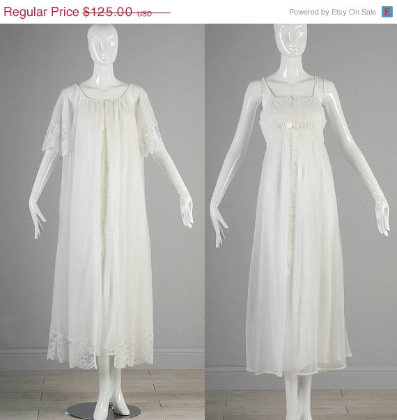 Wedding - 10% OFF Vintage 60s White Wedding Anniversary Honeymoon Lingerie Set Nightgown Peignoir White Double Layer Chiffon Lace
