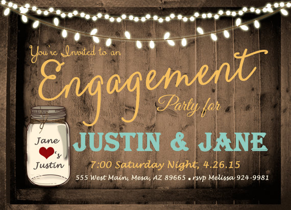 Wedding - Rustic Engagement Party Invitation, Mason Jar, Lights, Wood Fence, Digital File, Printable, 5x7