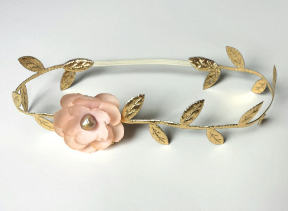 Hochzeit - Gold Leaf Headband - Halo Headband - Bohemian Inspired - Baby Girl - Newborn Photo Prop Adult - Toddler - Gilded Gold Leaves - Peach Flower