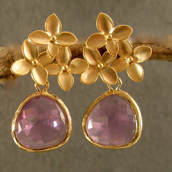 Hochzeit - Lavender Glass Cherry Blossoms Gold Bridesmaid Earrings, Wedding Earrings, Bridal Earrings, Gold Earrings, Bridesmaid Gifts (3279)