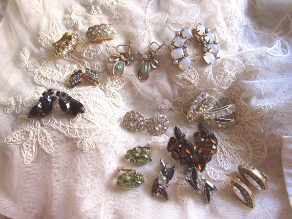 Hochzeit - Vintage Rhinestone Earring Lot Earrings TEN PAIRS 1950s Jewelry Mad Men Astronaught Wives Club Weiss Barclay Earing Lot Wedding Bouquet