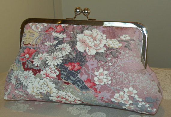 Wedding - Silk Kimono Fabric Clutch/Purse/Bag..Bridal/Wedding Gift..Cherry Blossoms..Asian folding fans..Wrap/Scarf to match Free Monogram