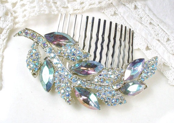 Hochzeit - Dusty Powder Blue Rhinestone Bridal Hair Comb, Vintage 1950s Light Blue Silver Leaf Hairpiece, Something Blue Wedding Hair Piece Accessory