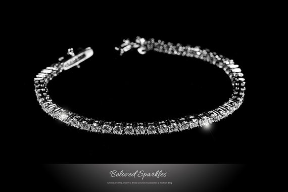 زفاف - 10 Carat Round Cut CZ Tennis Bracelet, Classic Cubic Zirconia Bracelet, Faux Diamond Travel Jewelry, Bridal Wedding Bridesmaid Bracelet