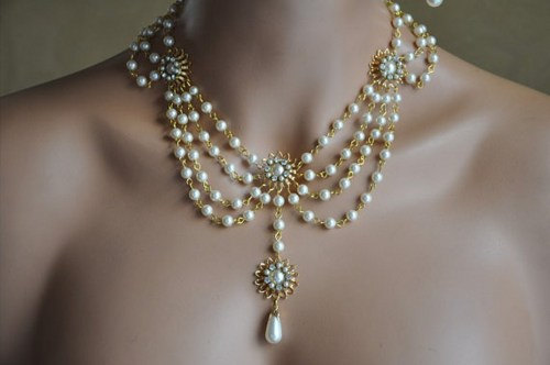 زفاف - Victorian Style Necklace,Bridal Necklace,Hollywood Glamour,Swarovski Crystal ,Pearl Necklace,Vintage Inspired,Wedding Gold Jewelry,GALASIMA