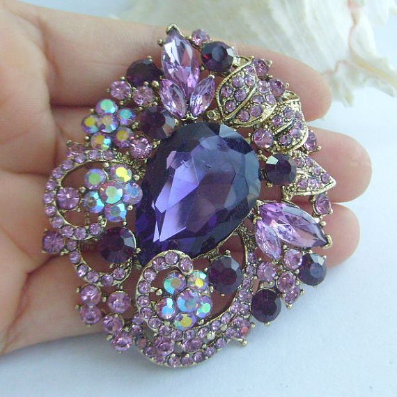 Wedding - Women Accessories Crystal  Flower Brooch Bouquet Purple Rhinestone Brooch Art Deco Crystal Sash Scarf Brooch Pin Women Jewelry BP06173C2