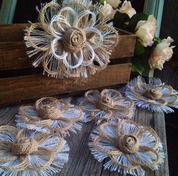 Wedding - Natural Rustic Burlap Country Wedding Cake Topper Set of 6 Flowers