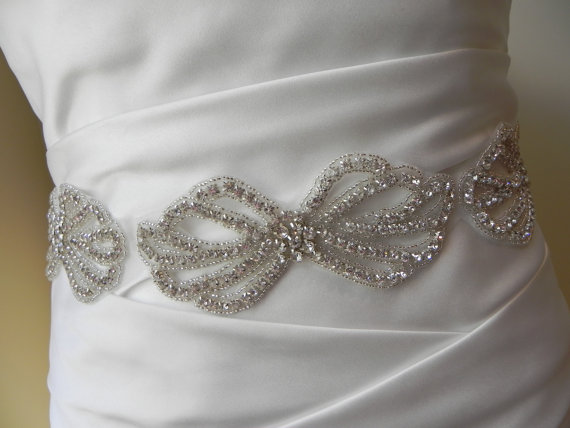 Wedding - Modern Bow Crystal Bridal Sash - Wedding Dress Belt