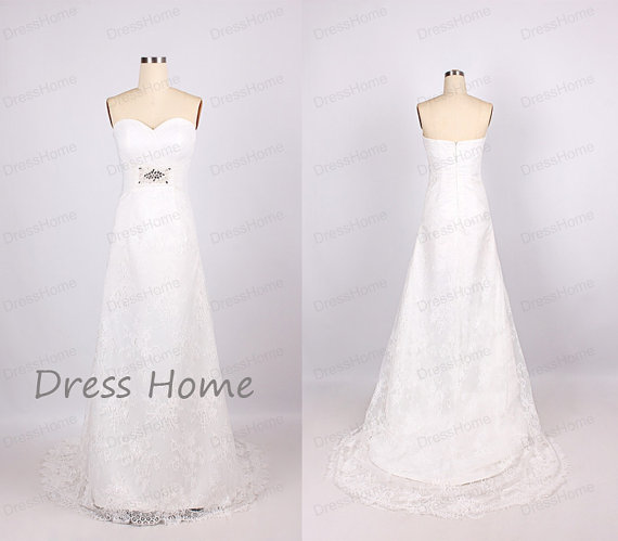Wedding - Simple White Lace Wedding Dress/Sweetheart A Line Floor Length Wedding Gown/Court Train Bridal Dress/Beach Wedding Dress DH203
