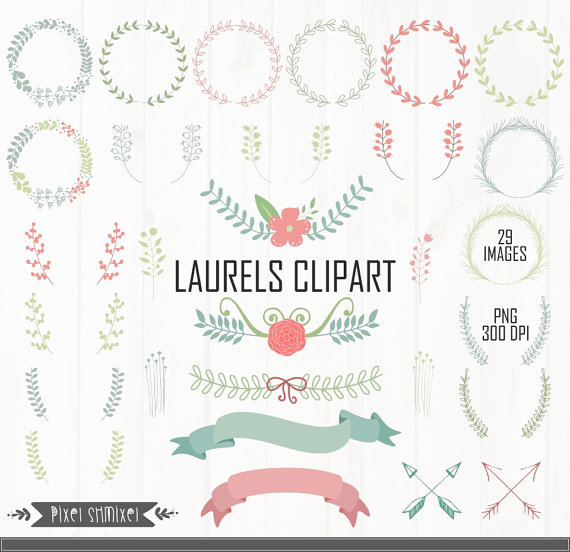 Hochzeit - Laurel Clipart, Digital Laurels Clip Art, Hand Drawn Laurel Wreath Leaf, Pastel, Arrow Clipart, Floral Clip Art, Wedding Invitation Clipart