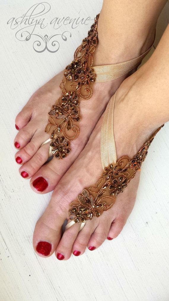 Mariage - Barefoot Sandals - Foot Jewelry - Bronze Gold Lace - Beach Wedding - Bottomless Sandals - Brides Bridesmaids - Reception Shoes - Bridesmaids