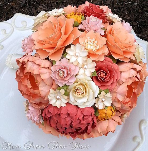 Hochzeit - Paper Bouquet - Paper Flower Bouquet - Wedding Bouquet - Toss Bouquet - Peach and Coral - Custom Made - Any Color