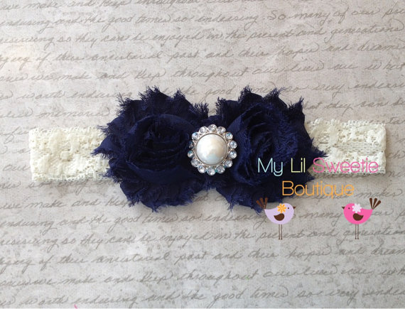 Mariage - Navy lace headband, baby girl headband, toddler headband, ivory lace headband, birthday headband, infant headband
