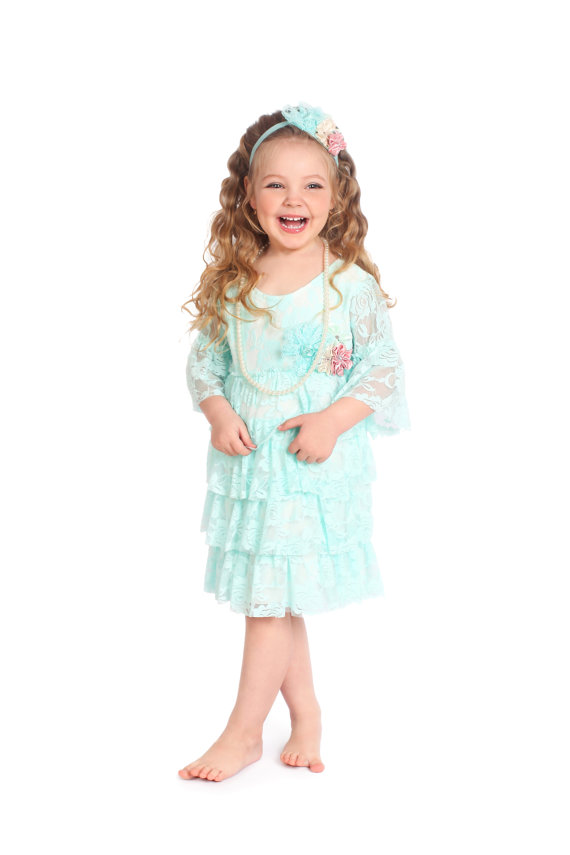 Свадьба - SALE!!! 3 pcs Vintage Aqua Mint Ruffle Lace Girls Dress Set, flower girl dress, baby girl dress, lace dress, vintage dress, Elsa outfit