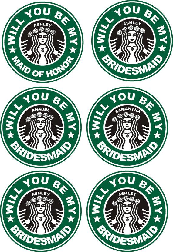 Mariage - 6 Waterproof Personalized Be My Bridesmaid Stickers, Starbucks Sticker, be my Maid of Honor for party cups or tumbler