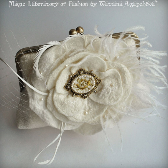 زفاف - Wedding Handbag, Purse, Bag, Clutch, Hand Embroidered Cameo Oistrich,Goose Feathers, Freshwater Pearls in Ivory, Free Shipping