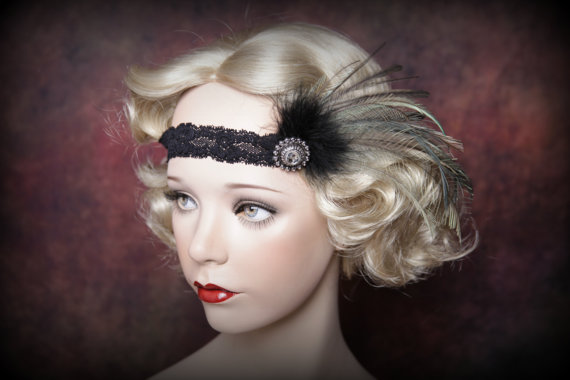 زفاف - Flapper Headband-Feather Headband-1920's-Gatsby Party- Wedding- Rhinestone with feather Accents