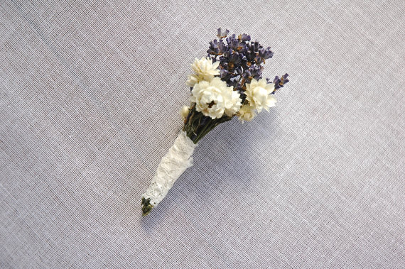 Wedding - Custom Lavender Boutonniere with White Dried Flowers wrapped in Lace