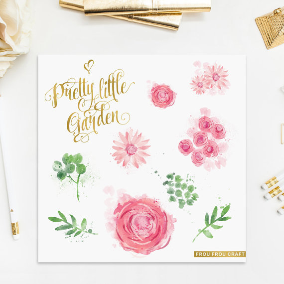 Mariage - Watercolor Flowers ClipArt Intant Download Digital Pink Roses Daisy Large High Resolution Flowers Floral Green Leaves Wedding Invitation DIY