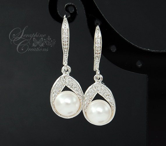Hochzeit - Bridal Pearl Earrings Wedding Jewelry Cubic Zirconia Teardrop Crystal White Swarovski Pearls Sparkly Elegant Vintage Style Bridesmaid Gifts