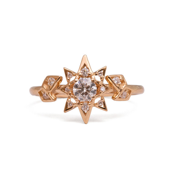 Hochzeit - Diamond Art Deco Star Engagement Ring - Unique engagement ring, 18 Rose Gold Star ring, unique engagement ring, antique, vintage, halo ring