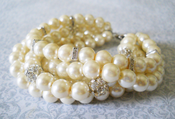 Hochzeit - Sparkly Bridal Bracelet Silver Rhinestone Bracelet Wedding Pearl Bracelet Chunky Bridesmaids Bracelet Gatsby Style Jewelry Ivory Pearls