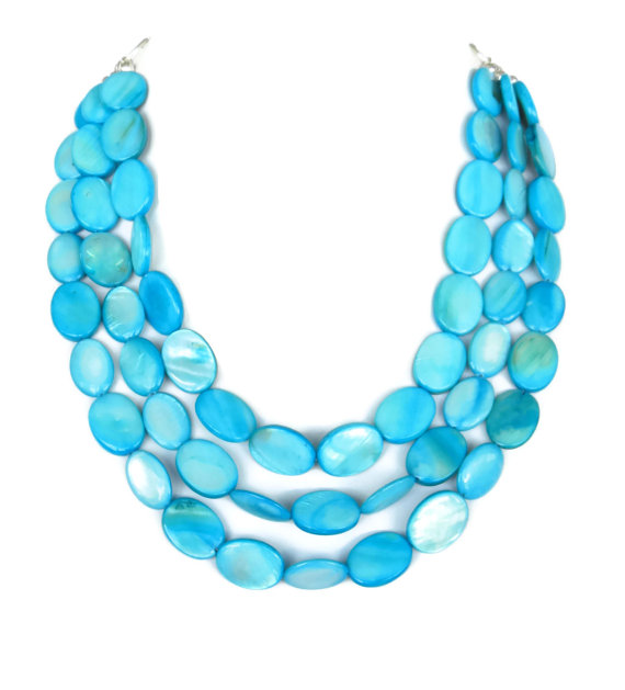 زفاف - Ocean Blue Turquoise Mother of Pearl Bib Necklace - Bridal Necklace & Earrings Set - Turquoise Bridesmaid Jewelry - MANY COLORS AVAILABLE