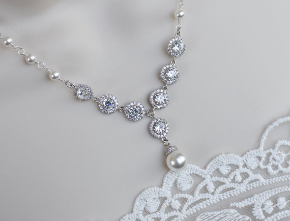 Wedding - Bridal Necklace, Bridal Pearl Necklace, Bridal Pearl and Cubic Zirconia Necklace, Bridal Jewelry, Wedding Jewelry, Wedding Pearl Jewelry