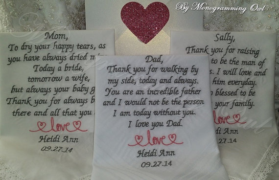 Wedding - FREE sparkling gift envelope. Striped and Lacy set of 3 Personalized Wedding Handkerchief SET.