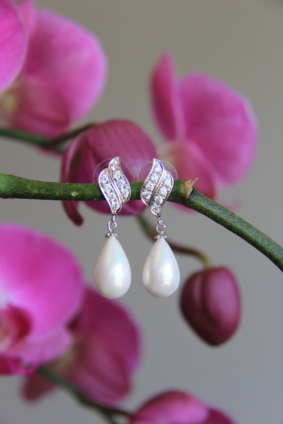 زفاف - Wedding jewelry, wedding earrings, bridal earrings, silver and clear cubic zirconia earrings, cz earrings