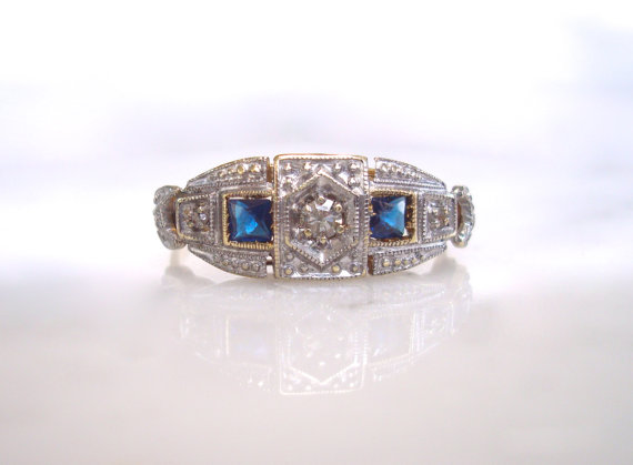 زفاف - Diamond Sapphire Ring- Art Deco 18K Gold, Platinum & Sapphire Ring- Engagement, Anniversary, Wedding or Right Hand Ring Size 8- easy to size