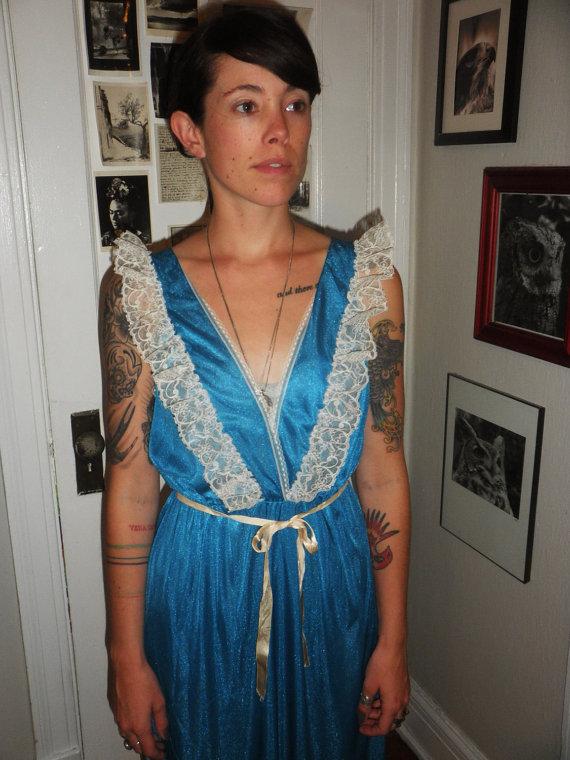 Wedding - SALE Peacock Blue 1970s Fantastical Fancy Maxi Nightgown by Paramount New York S/M