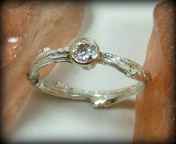 Mariage - engagement ring, 4 mm Moissanite  ring, Moissanite Twig ring, diamond ring, silver, gold and ,moissanite ring