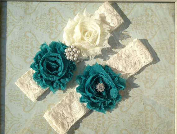 Hochzeit - Teal & Ivory (or White) Lace Garter Set - Shabby Wedding Garter - Chiffon Rhinestone Pearl Accents - Plus Size Also - Customize Colors