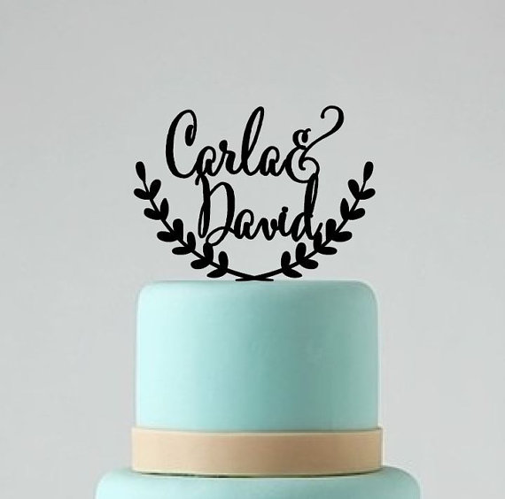 Wedding - Wedding cake topper, personalized cake topper, leaf crown cake topper, names cake topper, custom wedding cake topper