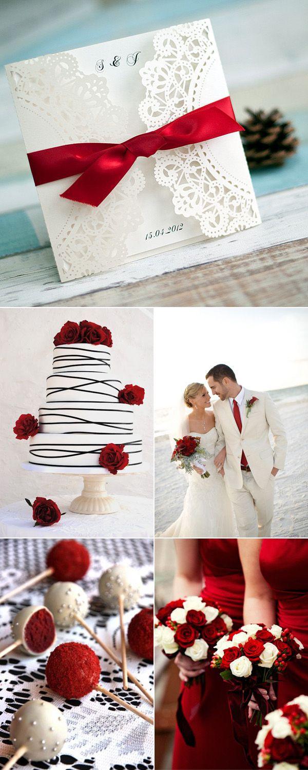 زفاف - Classic White Laser Cut Wedding Invitations With Red Ribbon EWWS041