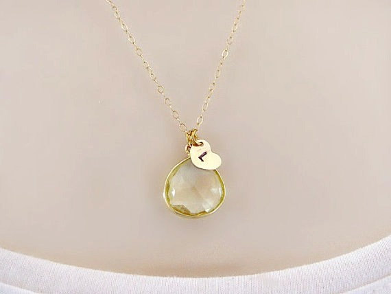 Hochzeit - Personalized Initial Necklace, Genuine Lemon Quartz Gemstone Necklace, November Birthstone, Mothers Necklace, Sisters Jewelry, Initial Charm