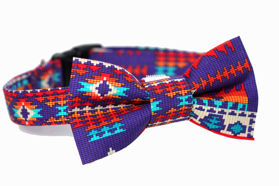 Hochzeit - Aztec Tribal Bowtie Dog Collar - Wedding Collar - Purple Tribal