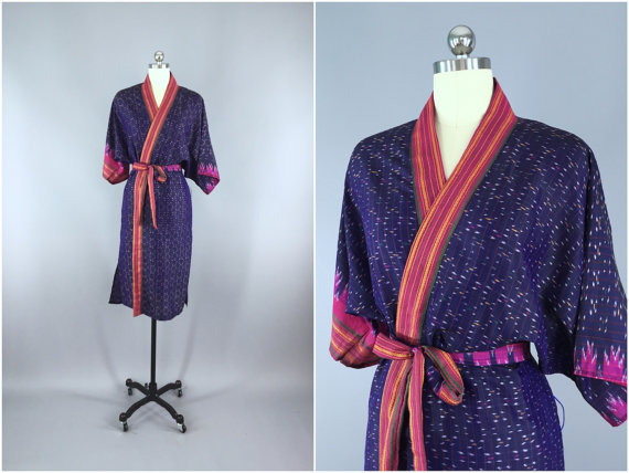 Mariage - Silk Robe / Silk Sari Robe / Silk Kimono Robe / Vintage Indian Sari / Silk Dressing Gown Wedding Lingerie / Boho Bohemian / Blue Orange Ikat