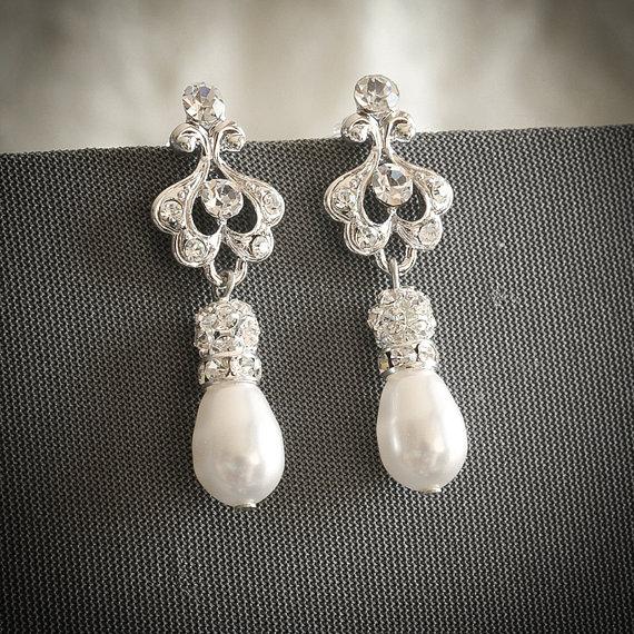Wedding - Bridal Earrings, Art Deco Wedding Earrings, Swarovski Pearl and Rhinestone Chandelier Dangle Earrings, Pearl Drop Stud Earrings, AILEY