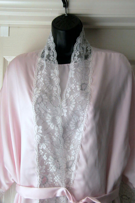 Wedding - Vintage AMARETTA 3 Pc. Lingerie Peignoir Set, Short Robe, Pant Bottoms w/Top PINK Satin & Lace