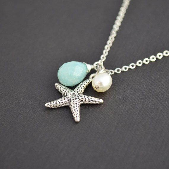 Wedding - SALE , Starfish Nautical Pearl, Blue Opal, Silver Necklace, Bridal, Bridesmaid, Mothers, Anniversary, Teacher Gift, Mother's Day Gift