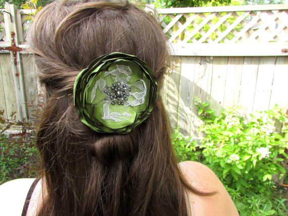Hochzeit - Olive Bridesmaid Hair Flower, Olive Green Satin Flower Hair Clip, Olive Hair Piece, Olive Green Hair Accessory, Green Brooch Pin, Lace, bead
