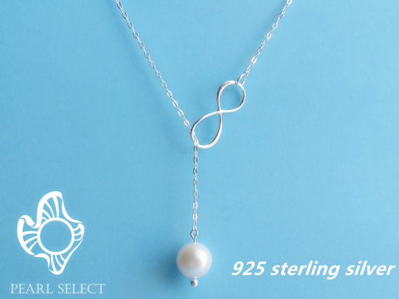 Mariage - Real pearl necklace infinity pearl necklace bridesmaid gift infinity necklace Lariat necklaces freshwater pearl necklace sterling silver