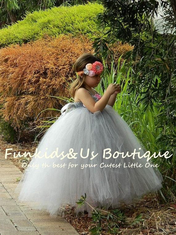 Hochzeit - Gray Flower girl Tutu Dress with Grey and Pink Flower - Grey Flower Girl Dress, Custom Colors